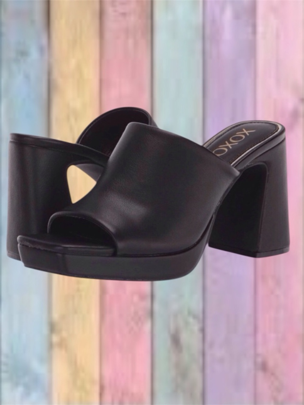 XOXO Black Leather Adelisa Platform Peep Square Toe Slide Heels NWOT
